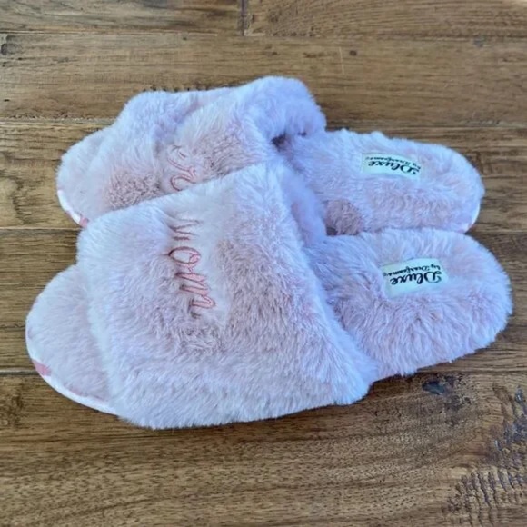 Dearfoams Dluxe Super Mom Faux Fur Plush Slide Slippers Blush Pink Size 7-8 NWOT - Picture 7 of 11
